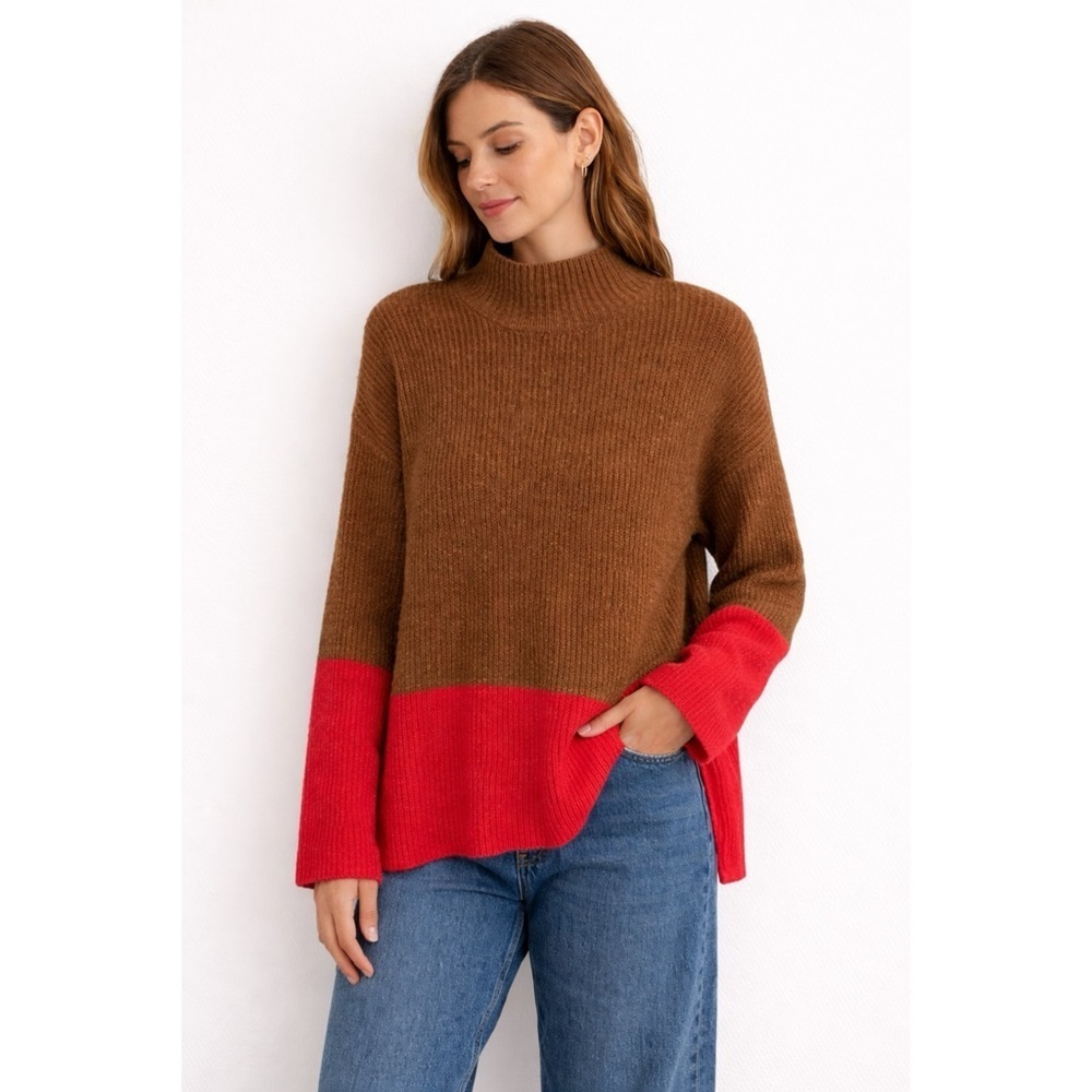 Olive + Oak Brown Red Colorblock Knit Sweater Women’s XL Cozy Pullover